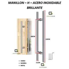 GREEN HOUSE - MANILLON DOBLE ACERO INOXIDABLE 120cm PUERTA MADERA - VIDRIO - METAL