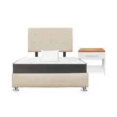 GENERICO - Combo Cama tapizada Petal Pcromadas -15pl Beige claro+Colchón +Almd+ Velador Nod