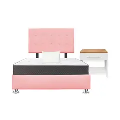GENERICO - Combo Cama tapizada Petal Pcromadas -15plz Rosado+Colchón +Almd+ Velador Nod