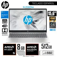 HP - Laptop HP 15-FC0071LA AMD Ryzen 5 7520U 8GB DDR5 RAM 512GB SSD 15.6" FHD WIND 11