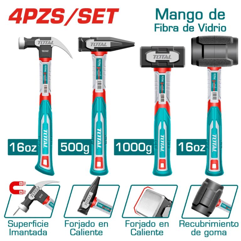 Combo de 4 Martillos Uña 16oz + Mecanico 500g + Albañil 1000g + Goma 16oz-THCH6004