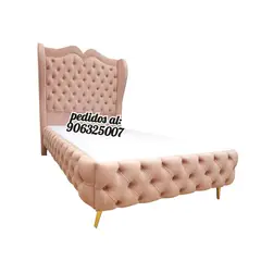 GENERICO - CAMA DALIA CAPITONNE – 2 PLAZAS  ROSA PASTEL BOX TARIMA Y CABECERA