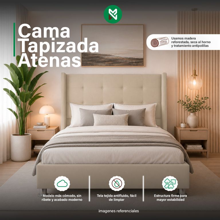 Combo Cama tapizada Atenas - Queen-Beige claro+Colchón Semiortopédico