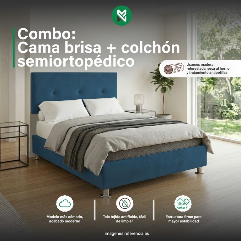 Combo Cama tapizada Brisa - Queen Turquesa + Colchón Semiortopédico