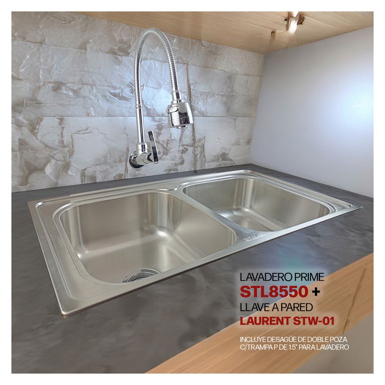 COMBO DE LAVADERO PRIME STL8550 + LLAVE A PARED LAURENT STW-01 STONE