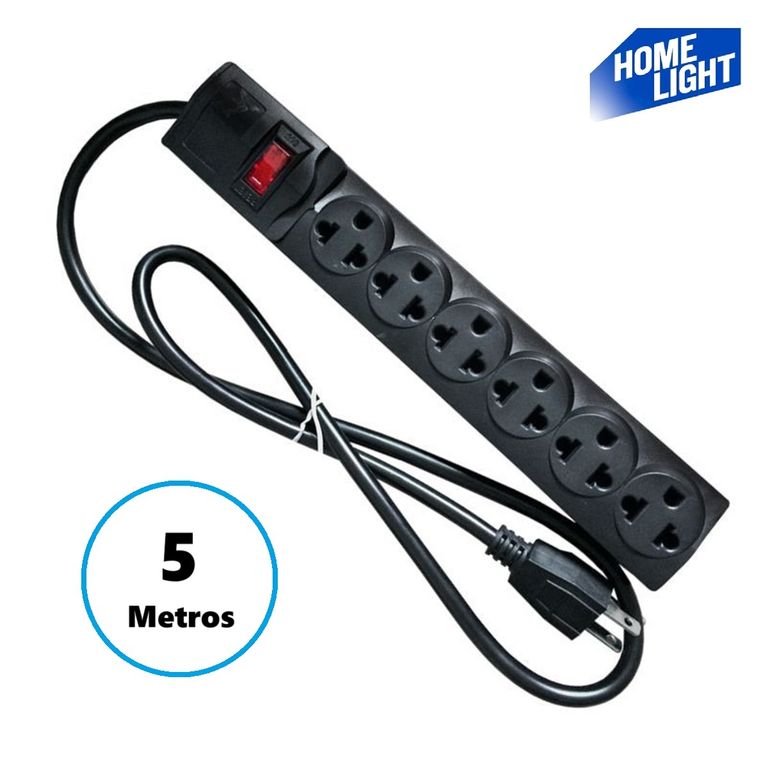 Supresor de Pico 6 Tomas 5 Metros Negro, HOME LIGHT