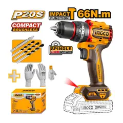 INGCO TOOLS - TALADRO PERCUTOR A BATERÍA 20V (CIDLI206681) + GUANTES ANTI CORTE XL (HGCG02-XL)