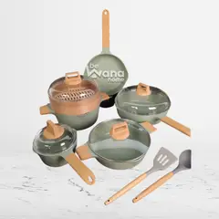 OEM - Set Ollas Roca Volcánica Antiadherente con Vaporizador Bambú 13pcs VERDE - MGC