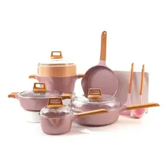 OEM - Set Ollas Roca Volcánica Antiadherente con Vaporizador Bambú 13pcs ROSA- MGC