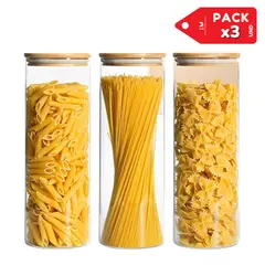 INSPIRA MARKET - Contenedor Hermético de Vidrio con Tapa de Bambú Pack x3
