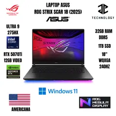 ASUS - LAPTOP ASUS ROG STRIX SCAR 18 ULTRA 9 275HX / 32GB RAM DDR5 / 1TB SSD / RTX 5070Ti 12GB VIDEO
