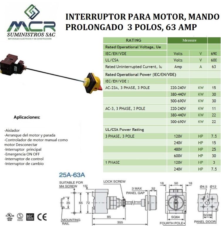 INTERRUPTOR PARA MOTOR, MANDO PROLONGADO 3 POLOS, 63 AMP