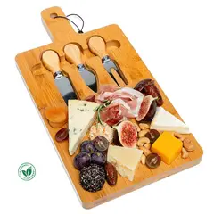 GENERICO - Tabla para Quesos & Piqueos Bambú Premium 3 Cubiertos