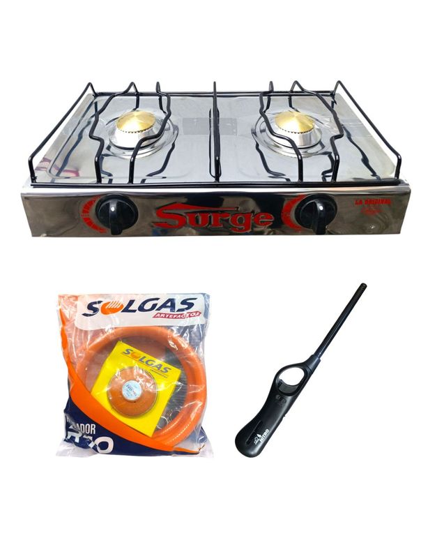 Cocina de mesa 2 hornillas a gas + Regulador Premium con manguera + Encendedor de cocina