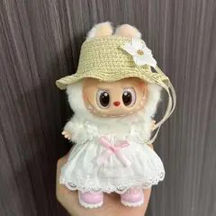 POP MART - Ropa Labubu Vestido Blanco Liston Sombrero Paja