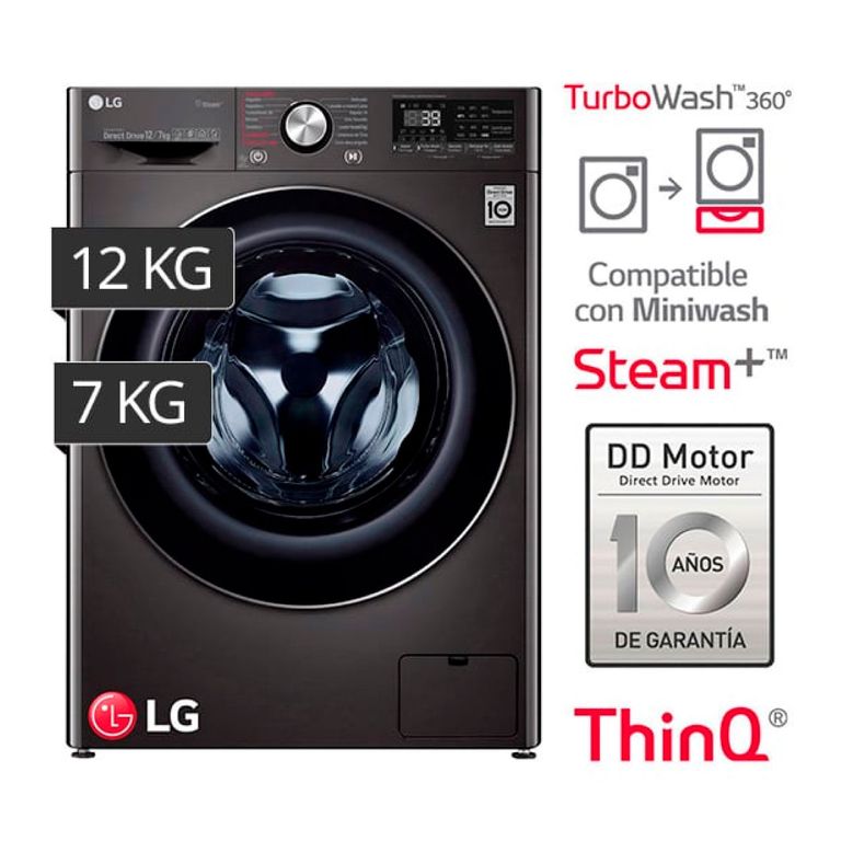 LAVASECA LG WD12BVC2S6C lava 12kilos 7kilos secado COLOR NEGRO ACER0 CON AI DD INTELIGENCIA ARTIFICIAL