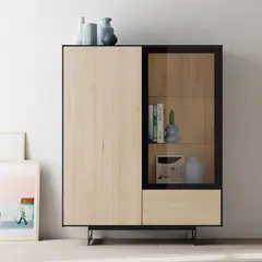 TU MESITA - Vitrina Moderna Teka con 2 Puertas 1 Cajón Color Manzano/Negro