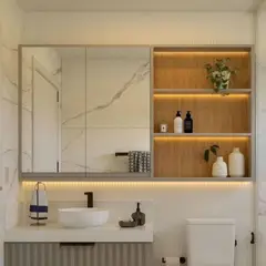 TU MESITA - Mueble de Baño Flotante con Espejo y Luces Led Bennett Color TaupeRoble Buralo