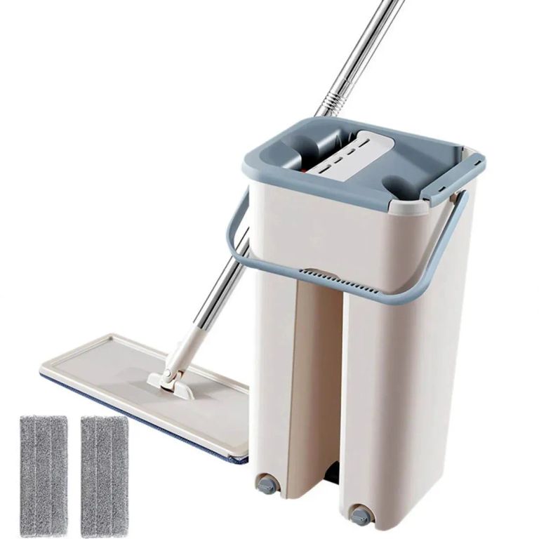 Trapeador Plano Escurridor Balde + 2 Mopas Microfibra Beige