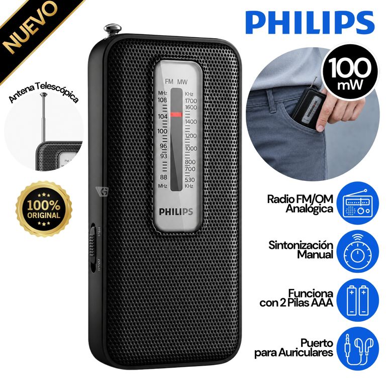 Radio Portátil a Pilas Retro Philips AMFM TAR1506 - Negro