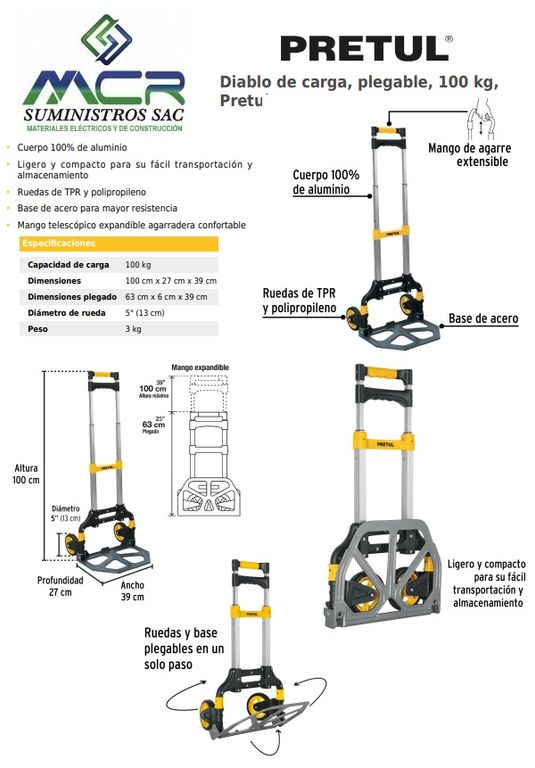 CARRETA DE ALUMINIO DE CARGA 100kg PLEGABLE 100cm PRETUL