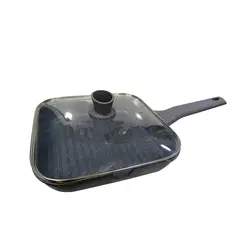 VALESKA - Sartén cuadrada 28 cm de roca volcánica gris con tapa de vidrio