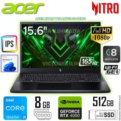 ACER - Laptop Gamer Acer Nitro V15 Core i5-13420H 8GB RAM 512GB SSD 15.6 FHD RTX4050-6GB w11 home ANV15-51-54W8
