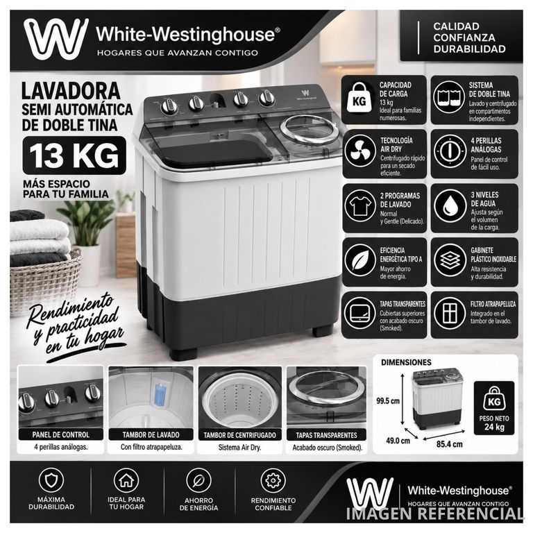 Lavadora Semiautomática 2 Tinas Westinghouse 13Kg WWTM13M2XSWW