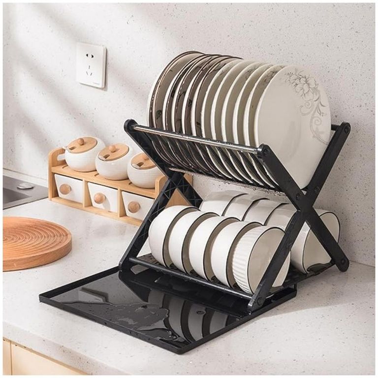 Escurridor de Platos Vajilla 2 Niveles con Bandeja de Goteo 28x30x30cm - Negro - M