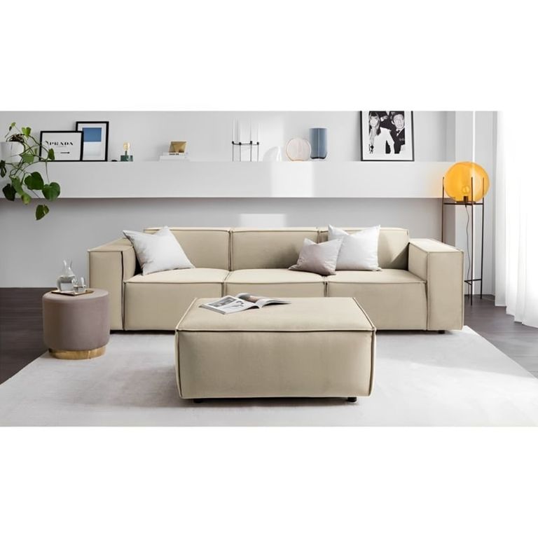 SECCIONAL MIA 3 CUERPOS + 1 BANQUETA - BEIGE + 2 cojines de regalo