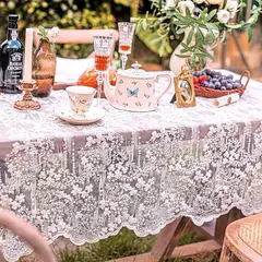 PUREPOWER - Mantel Encaje Bordado Francés 135x240cm Blanco Vintage para Eventos