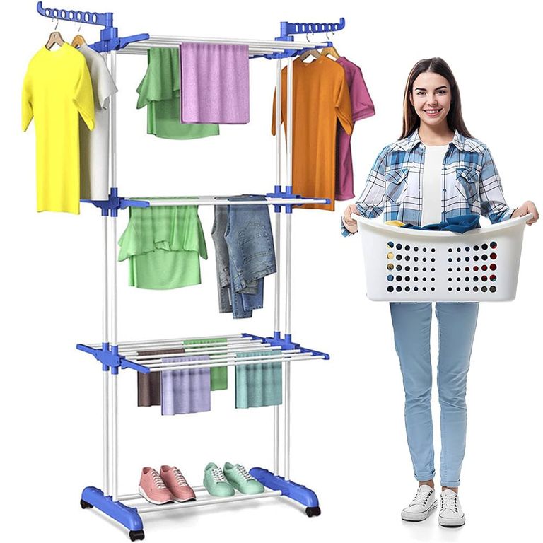 Tendedero de ropa armable de 4 niveles azul doble barra