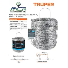TRUPER - ALAMBRE DE PUAS CALIBRE BWG 175 12cm ROLLO 200m 6kg