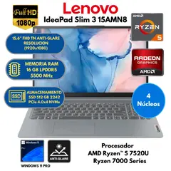LENOVO - Laptop Lenovo AMD Ryzen 5 (IdeaPad Slim 3 15AMN8) RAM 16 GB SSD 512 GB 15.6" FHD Windows 11 PRO