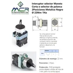 CHINT - INTERRUPTOR SELECTOR MANETA CORTA,  2 POSIC METALICO NEGRO 22Mm, 1Na