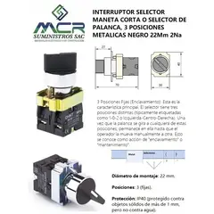 CHINT - INTERRUPTOR SELECTOR MANETA CORTA,  3 POSIC METALICO NEGRO 22Mm, 2Na