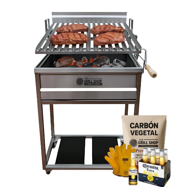 Parrilla a carbón de Acero Inox regulable + Guantes + carbón + cerveza