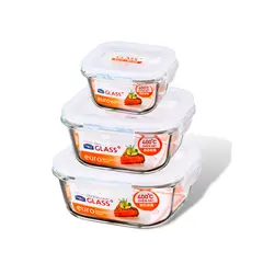 LOCK & LOCK - Set x3 Envases Herméticos Cuadrado de Vidrio Boroseal 300ml + 500ml + 750ml