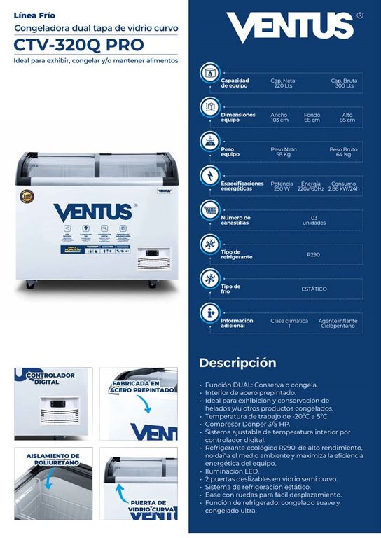 Congeladora Dual Tapa de Vidrio Curvo, 320 L, CTV-320Q PRO - Ventus