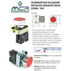CHINT - INTERRUPTOR PULSADOR METALICO RASANTE ROJO Ø22MM 1NC
