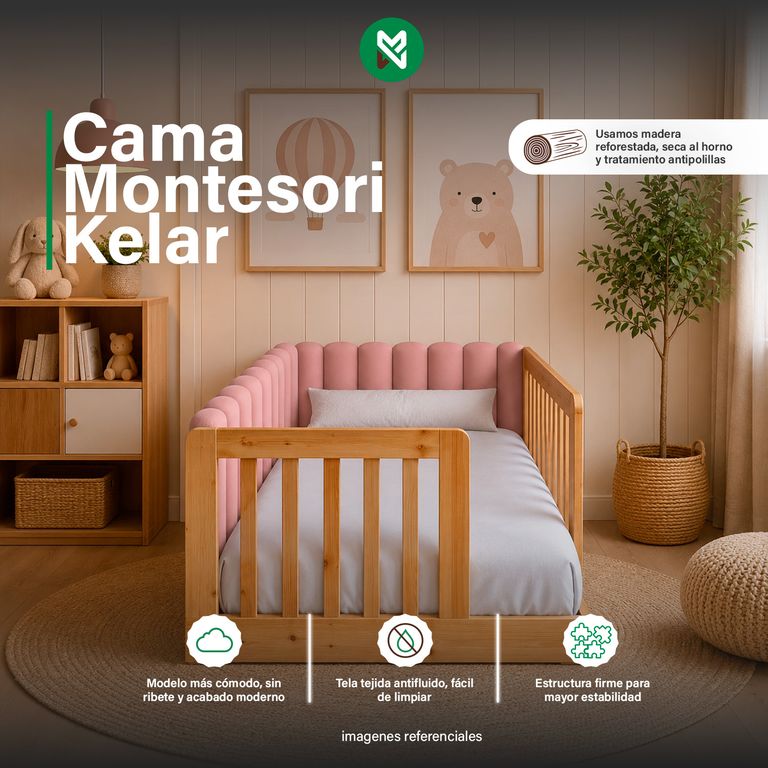 Cama Montessori tapizada Kelar Rosado 2plz