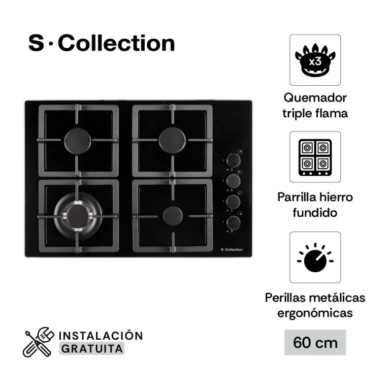 Encimera Scollection Black Glass A Gas 60cm