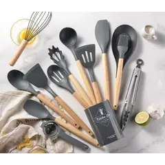 GENERICO - SET UTENSILIOS DE COCINA 12 PIEZAS SILICONA Y MADERA ANTIDESLIZANTE