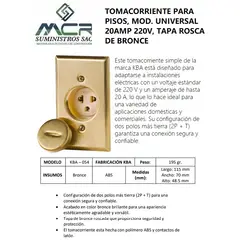 GENERICO - TOMACORRIENTE PARA PISOS MOD UNIV 20AMP 220V TAPA ROSCA DE BRONCE