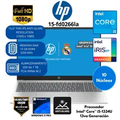 HP - Laptop HP INTEL CORE i5 (15-fd0266la )RAM 16 GB SSD 1 TB 15.6" FHD CON ANTIRREFLEJO Windows 11 PRO