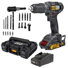 CAT - Taladro percutor inalámbrica 55Nm 18V 20 accesorios, Maleta, CAT