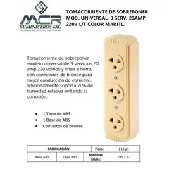 GENERICO - TOMACORRIENTE  DE SOB MOD UNIV, 3 SER, 20 AMP, L/T MARFIL.