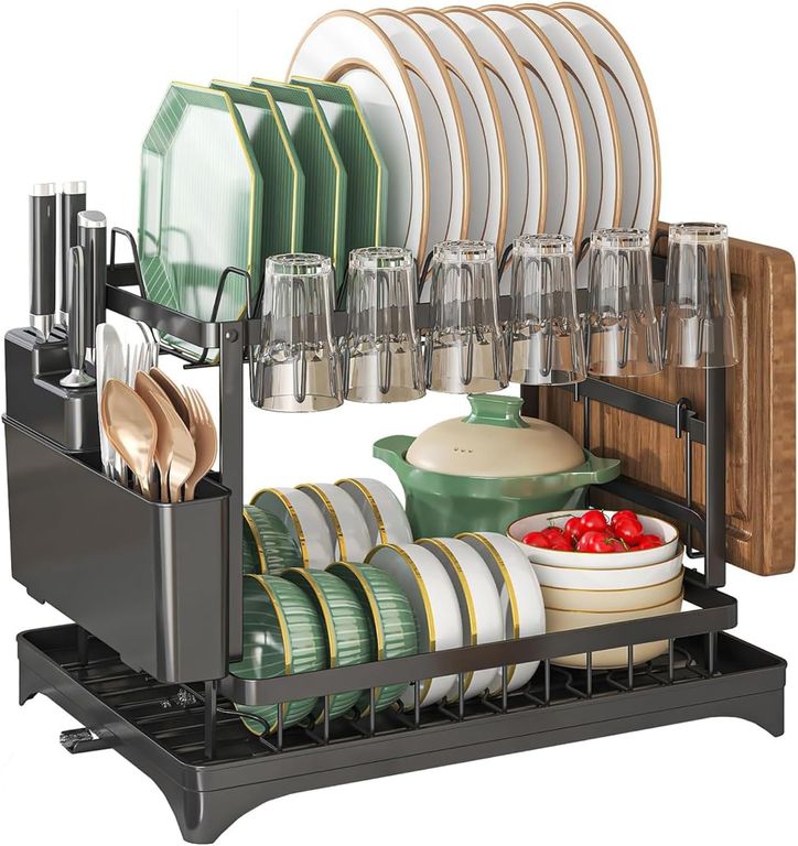 Escurridor de platos de doble capa con drenaje automático Negro