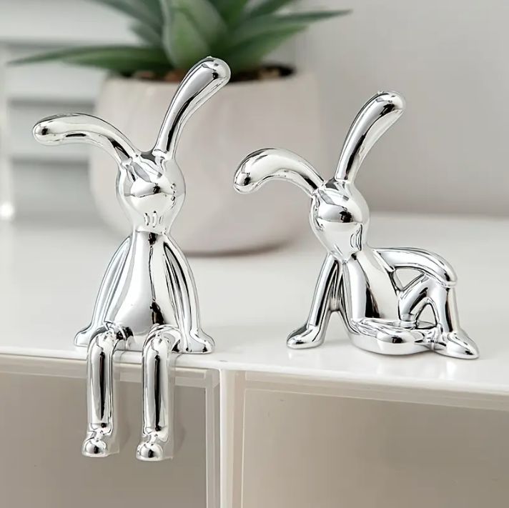 Set 2 Conejos Decorativos Plateados - Figura Moderna para Hogar
