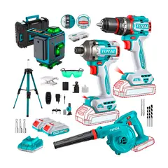 TOTAL - Taladro 20v + Atornillador 20v + Sopladora 20v + Nivel Láser 16 Lineas